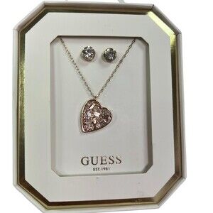 GUESS Heart Pendant Necklace & Crystal Stud Earrings Set w/ Gift Box Pink